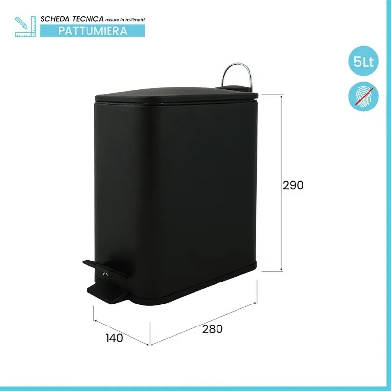 Pattumiera bagno 5 Lt in acciaio nero opaco con apertura a pedale Rexa