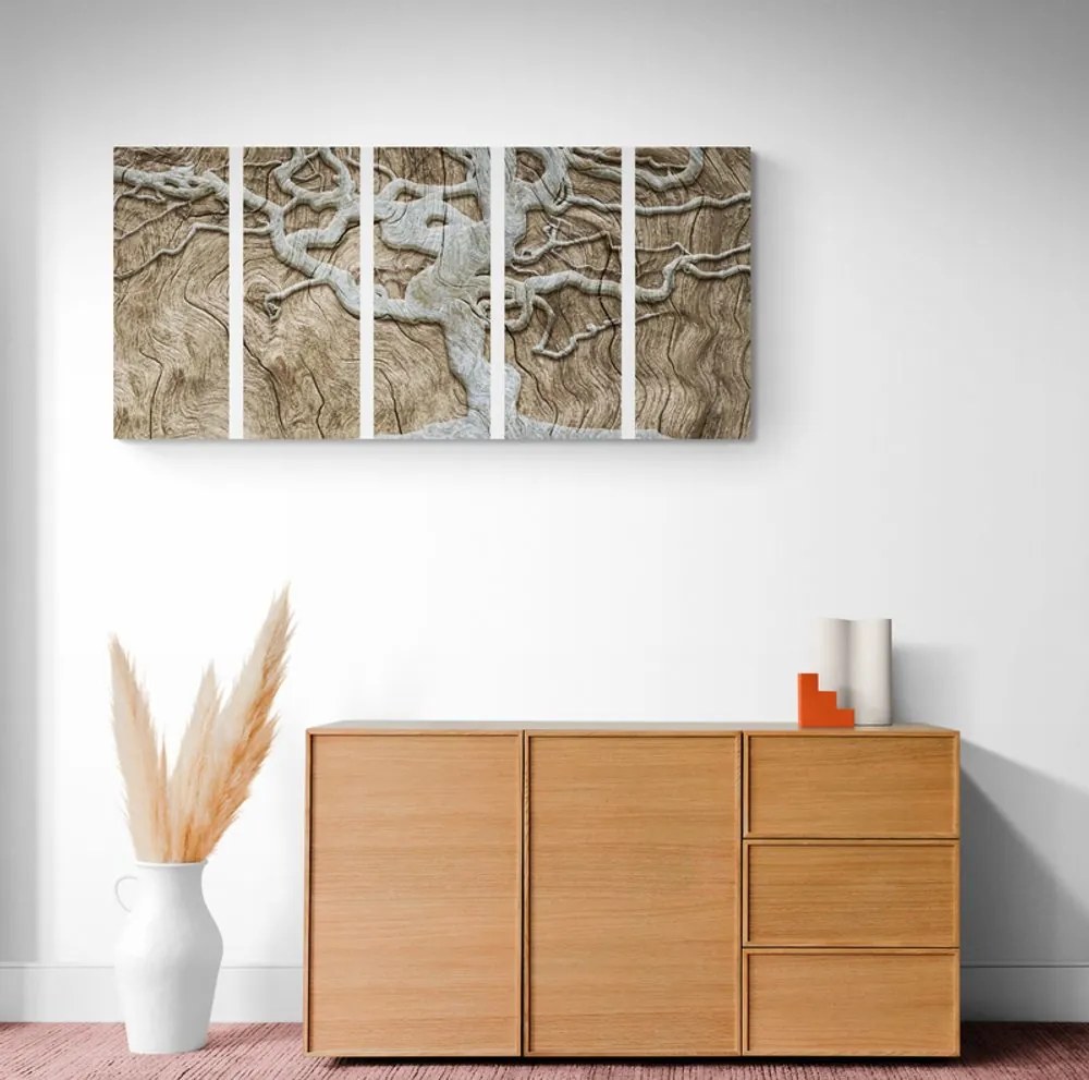 Quadri 5 pezzi – Albero astratto su legno in tonalità beige