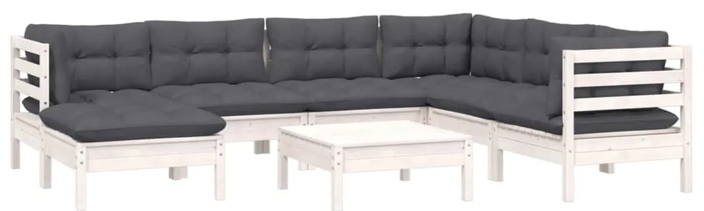 Set divani da giardino 8 pz con cuscini bianchi legno di pino