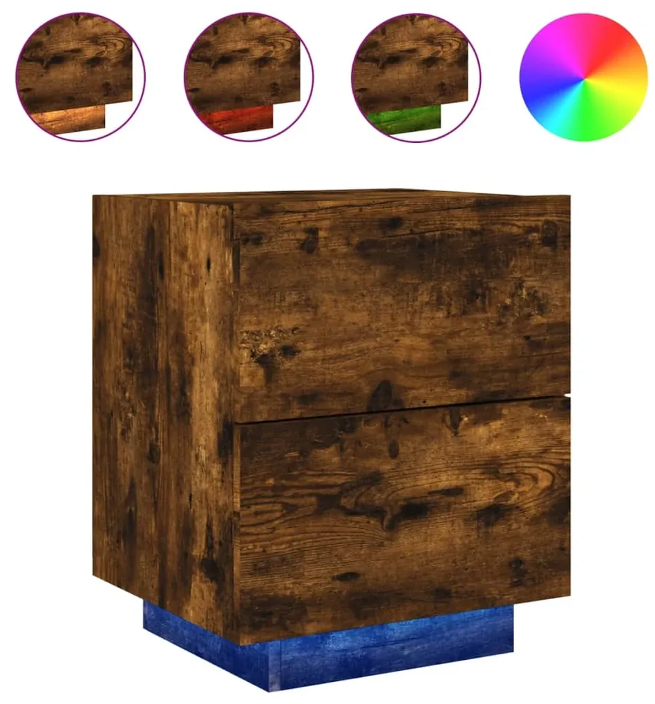 Comodini con luci led 2pz rovere fumo in legno multistrato