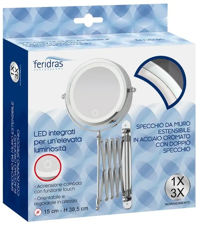Specchio per trucco con luce LED e braccio estensibile in acciaio cromo