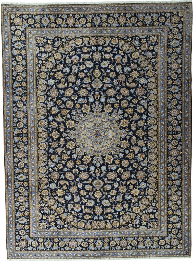 Kashan Tappeto 380x280 Blu (Iran) Annodato A Mano