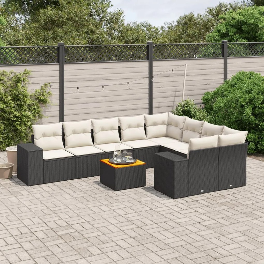 Set divani da giardino 10pz con cuscini in polyrattan nero