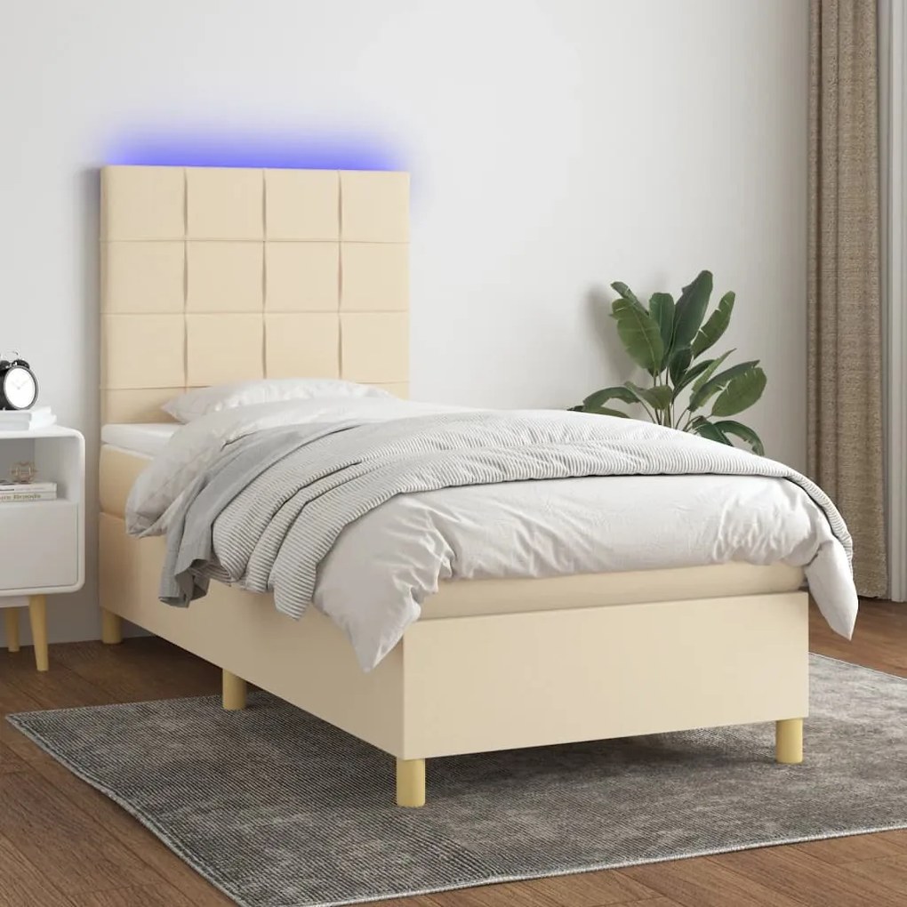 Letto a molle con materasso e led crema 80x200 cm in tessuto