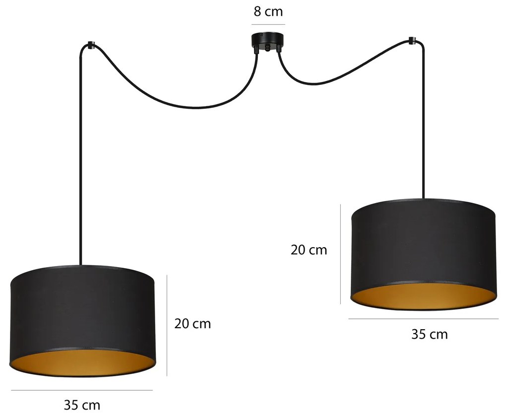 Sospensione 2 Luci Roto Con Paralumi A Cilindro In Tessuto Nero E Oro