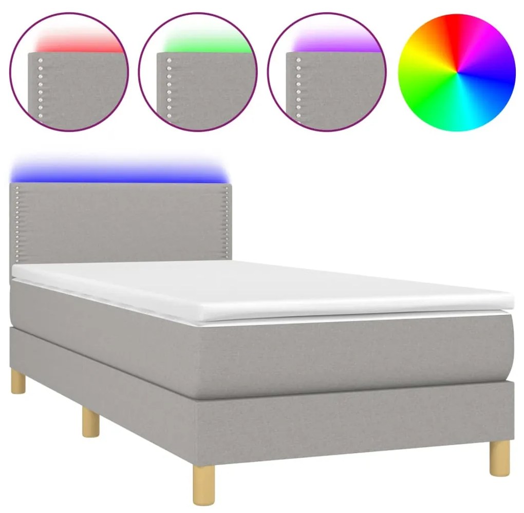 Letto a molle materasso e led grigio chiaro 80x200 cm tessuto