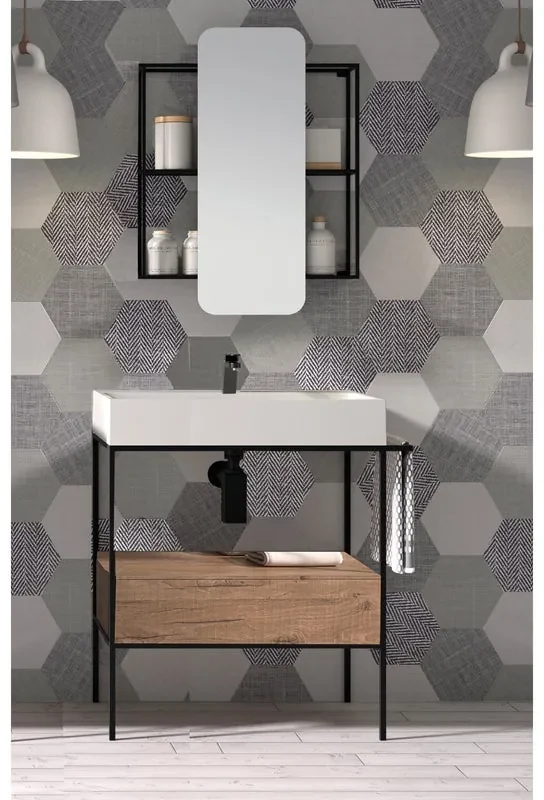 Mobile da bagno sotto lavabo MADERO OUTLINE nero/legno satinato L 90 x H 77 x P 45 cm 1 cassetto, lavabo non incluso