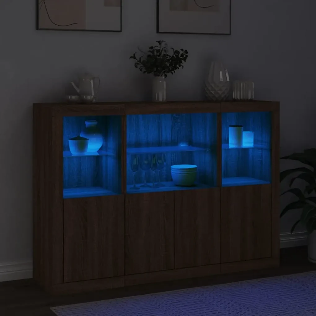 Credenze con luci led 3 pz rovere marrone in legno multistrato