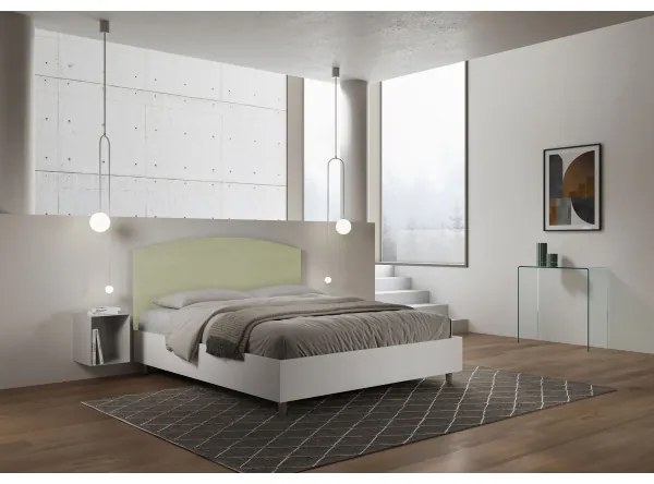 Letto contenitore da 160x190 in legno bianco e testata in microfibra tč verde Antilia