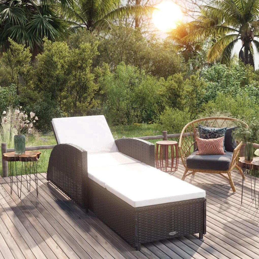 Lettino Prendisole Con Cuscino Bianco Crema İn Polyrattan Nero /