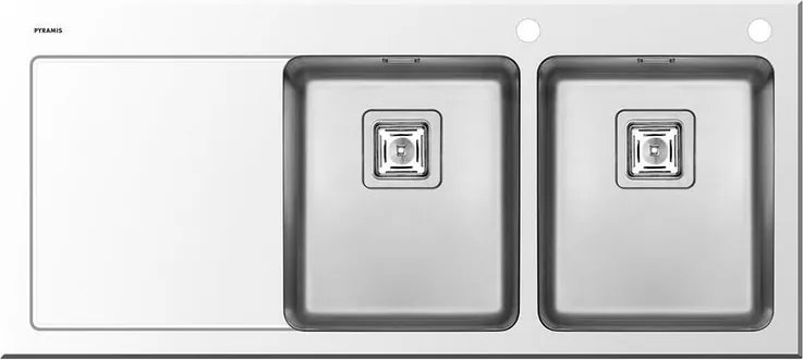 Lavello integrato 2 vasche in vetro bianco PYRAMIS Crystalon L 52 x L 116 cm, sgocciolatoio a sinistra