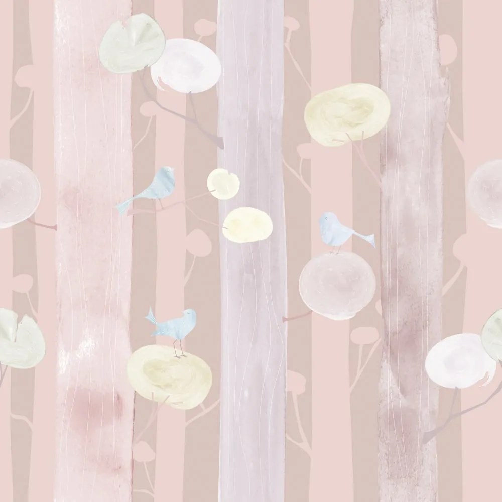 Carta da parati – Uccellini sugli alberi con sfondo rosa
