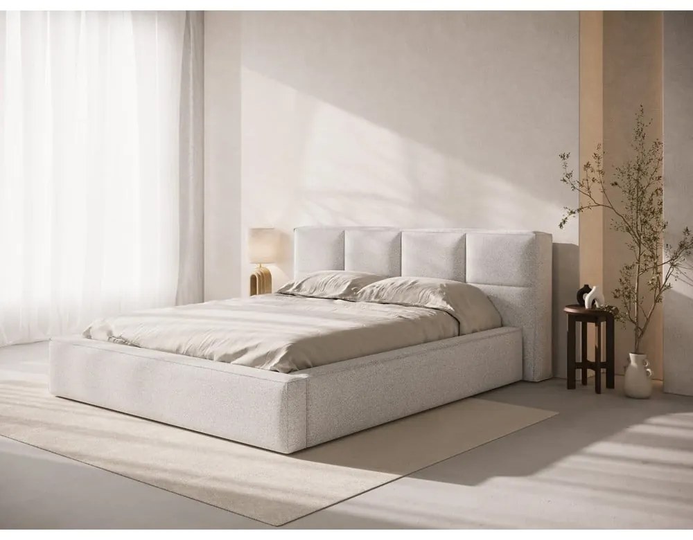 Letto matrimoniale imbottito grigio chiaro con contenitore e rete inclusi 200x200 cm Simon – Micadoni