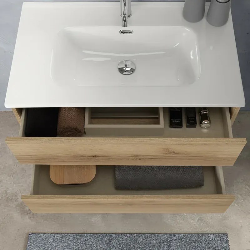 Mobile bagno sospeso 80 cm in legno quercia naturale 2 cassettoni con lavabo e specchio Leda