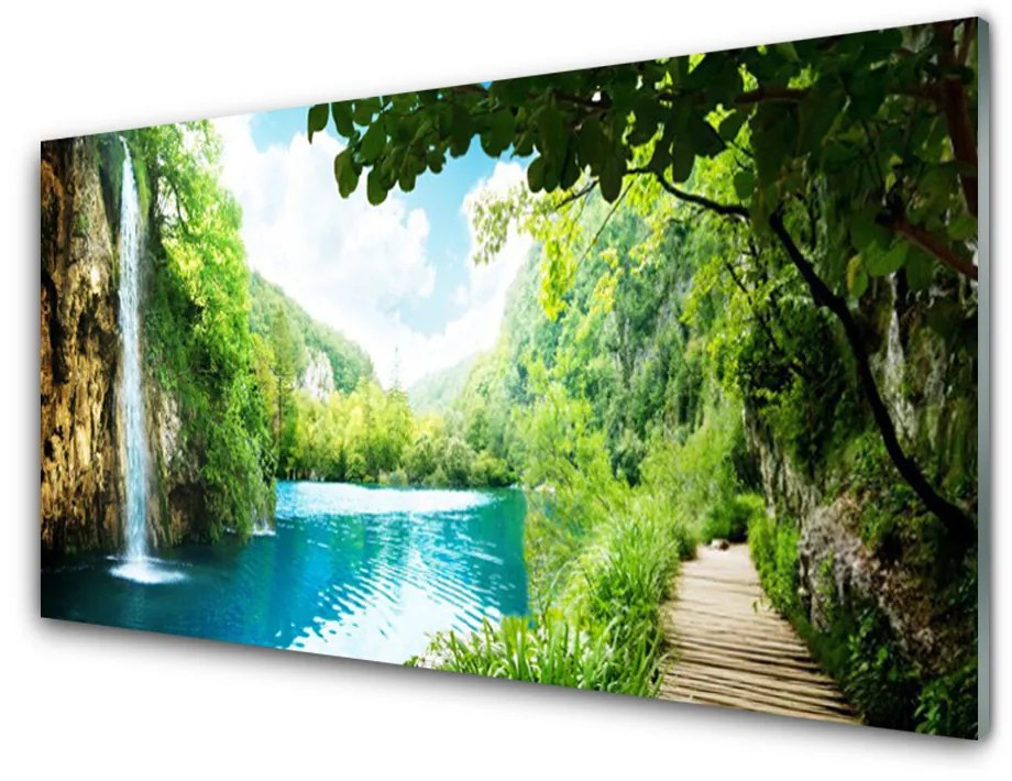 Quadro in vetro Cascata Lago Natura 100x50 cm