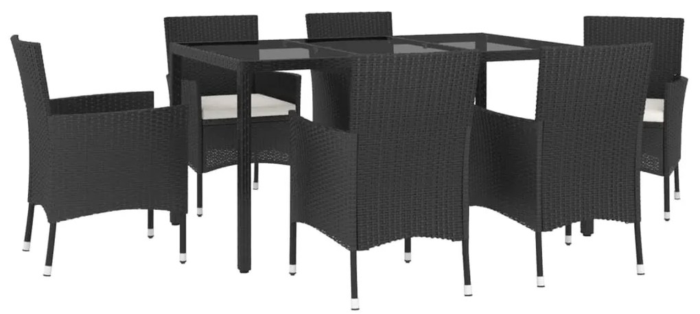 Set da pranzo da giardino 7 pz nero con cuscini in polyrattan