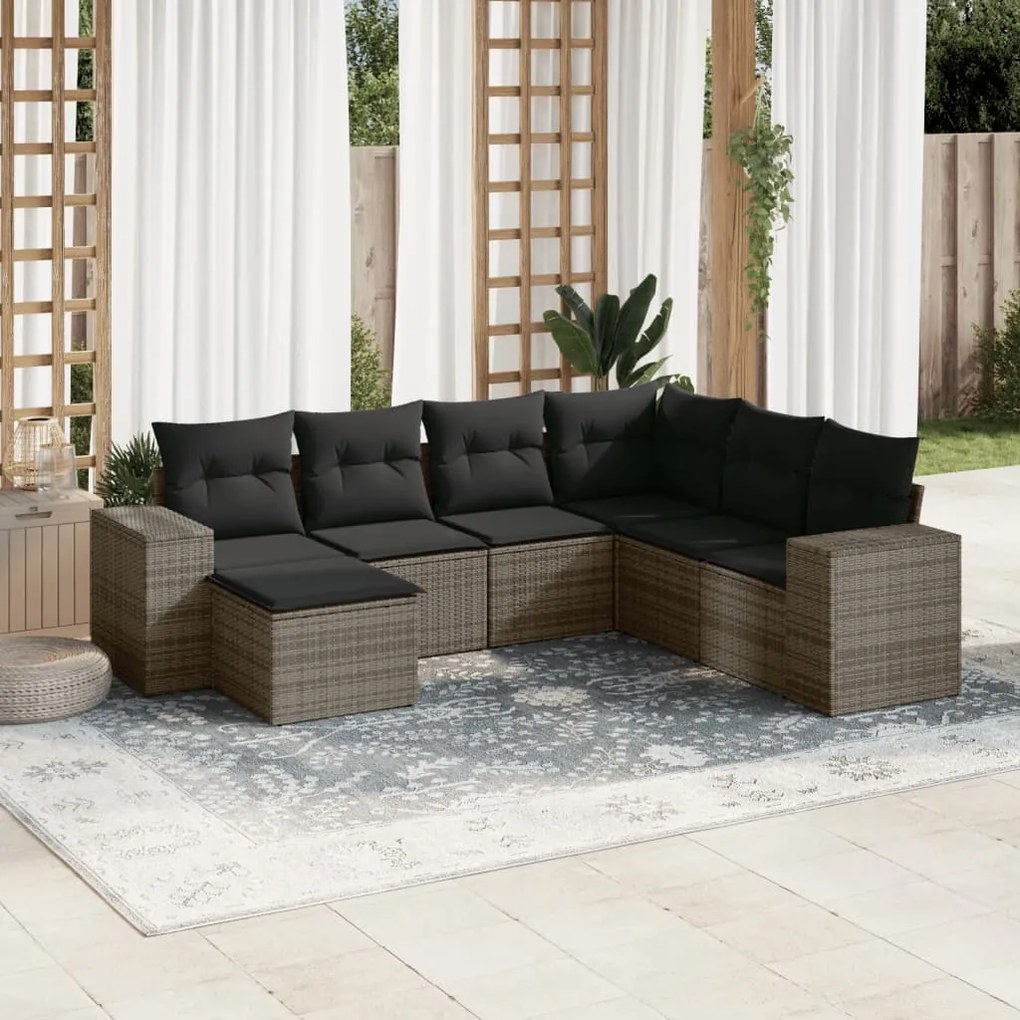 Set divani da giardino 7 pz con cuscini grigio in polyrattan