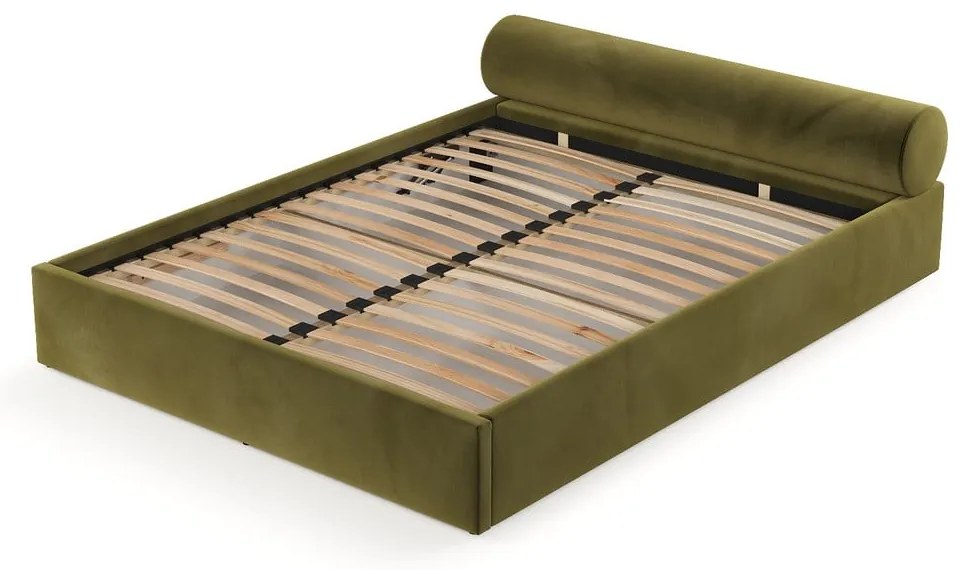 Letto matrimoniale imbottito verde scuro con contenitore e rete inclusi 160x200 cm Solvo – Maison de Rêve
