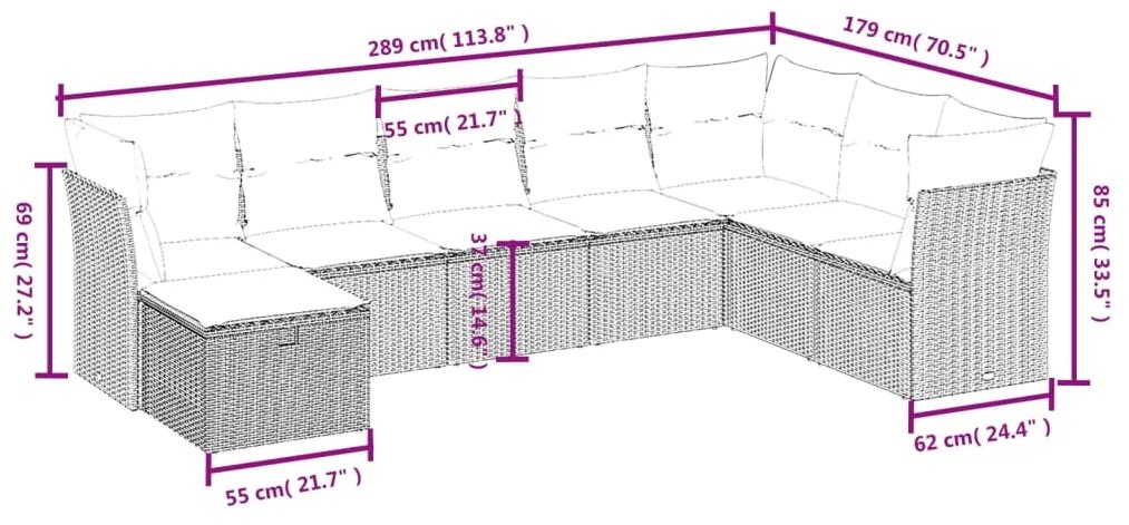 Set divani da giardino con cuscini 8 pz nero in polyrattan