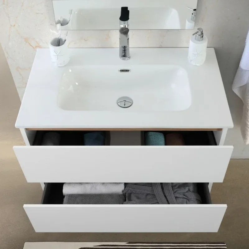 Mobile bagno a terra 80 cm bianco e rovere con cassetti soft-close Kleo