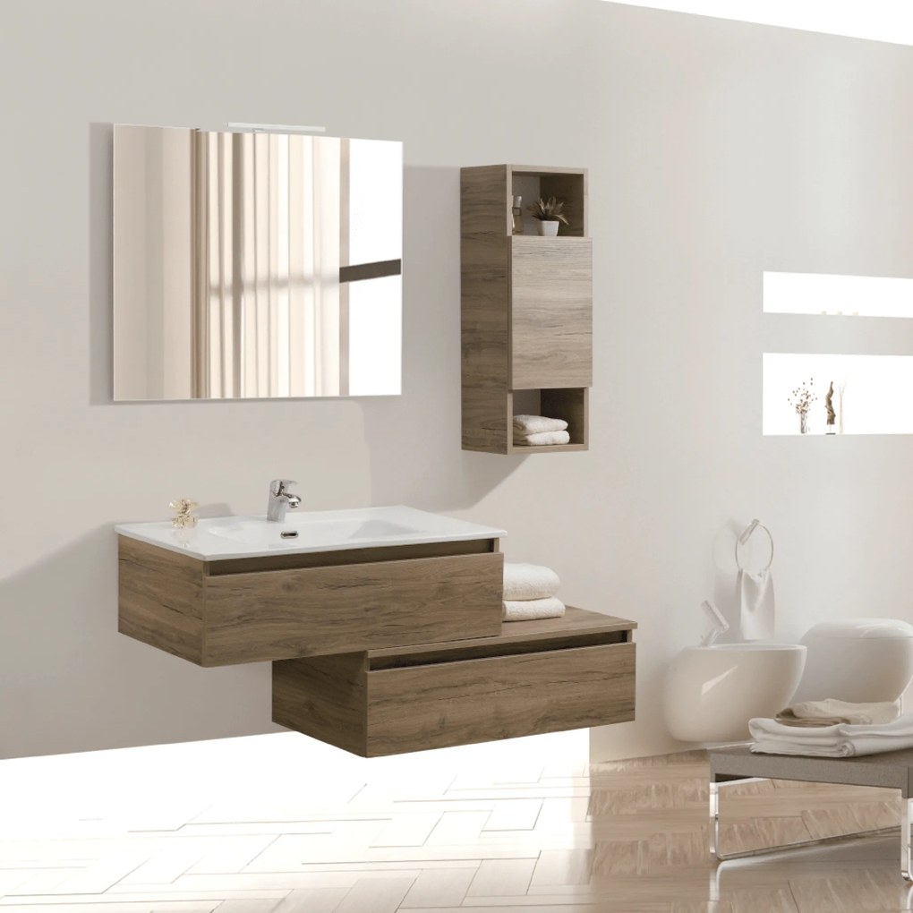 Mobile Bagno Sospeso Sfalsato 90 Cm Due Cassetti Specchio Con Lampada Led 90x70 Cm Esseci Arredo Bagno "Sorrento"