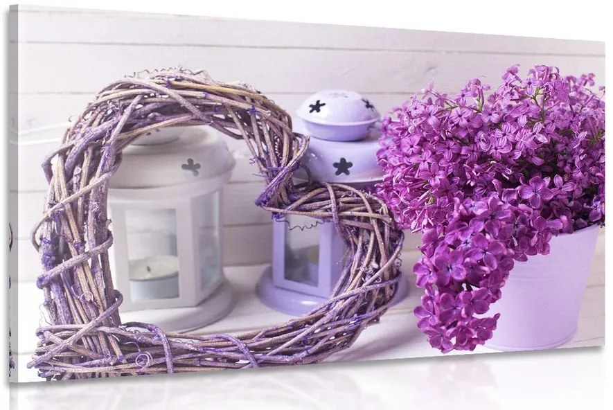 Quadro su tela – Cuore di vimini con lanterne e lilla