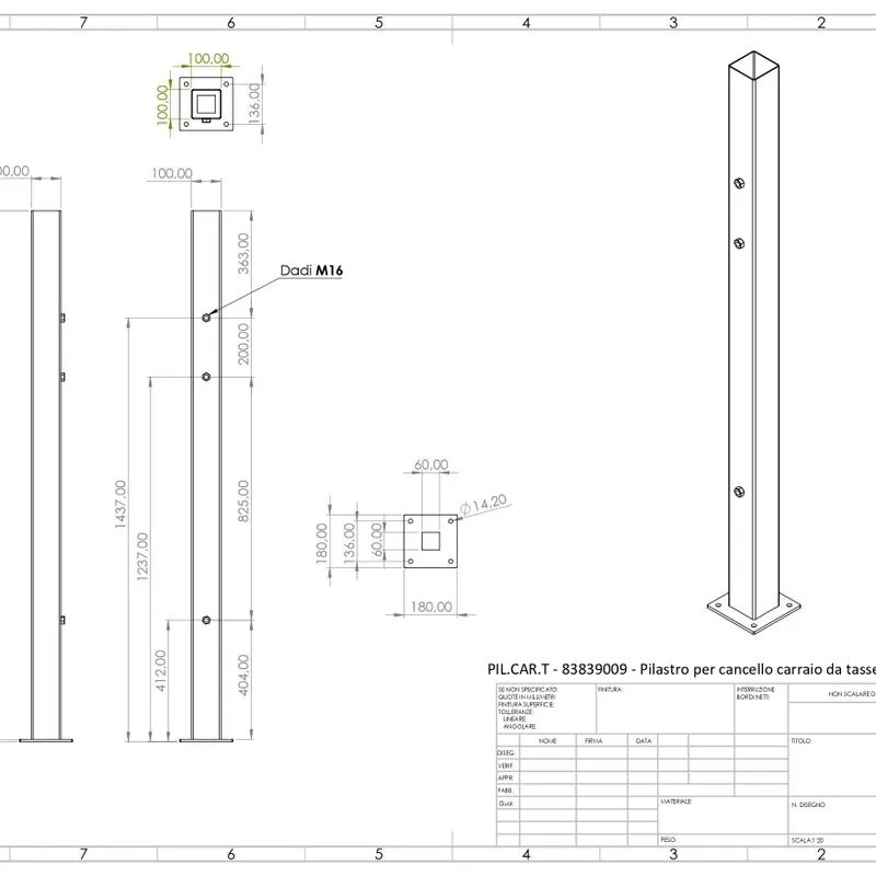 Palo carraio a tassellare in ferro finitura zincato H 180 cm x L 10 cm x P 10 cm