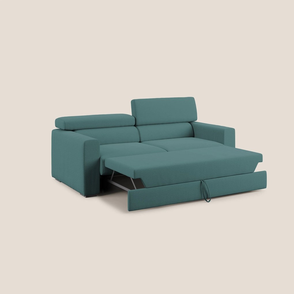 Dylan divano allungabile con pouf estraibile poggiapiedi in tessuto fiammato simil cotone impermeabile T19 petrolio