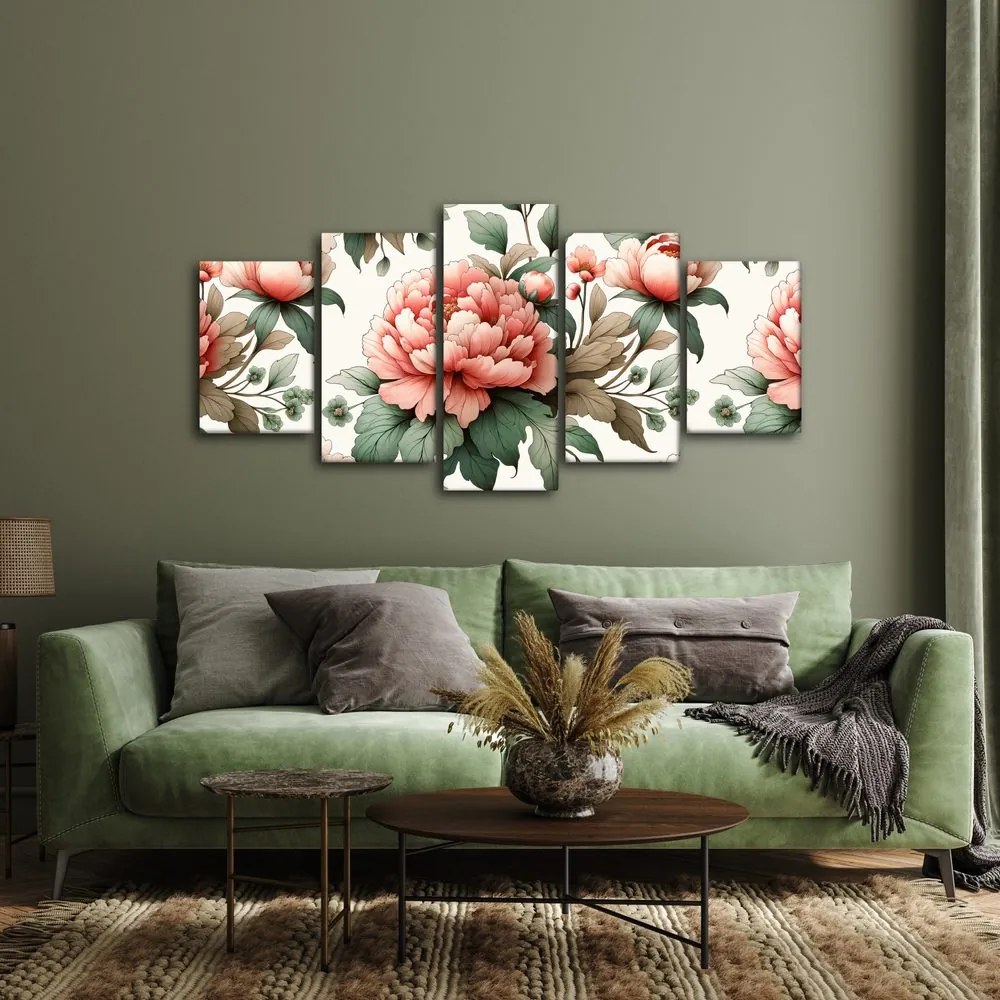 Quadri 5 pezzi – Peonie in tonalità delicate