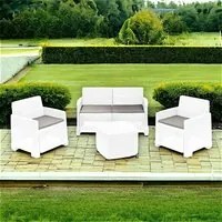 Set salotto da esterno Dbalestrer, Composizione da giardino con 2 poltrone, 1 divano e 1 tavolino contenitore, Effetto rattan con cuscini, 100% Made in Italy, Bianco