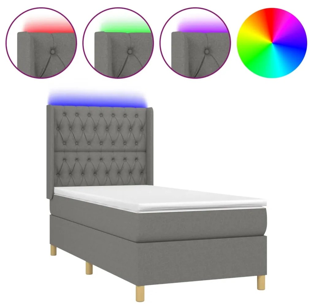 Letto a molle materasso e led grigio scuro 90x190 cm in tessuto