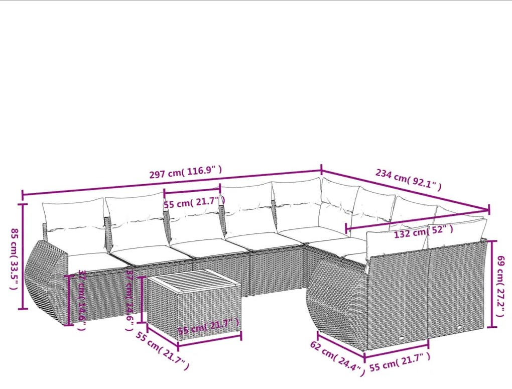 Set divani da giardino 10pz con cuscini in polyrattan nero