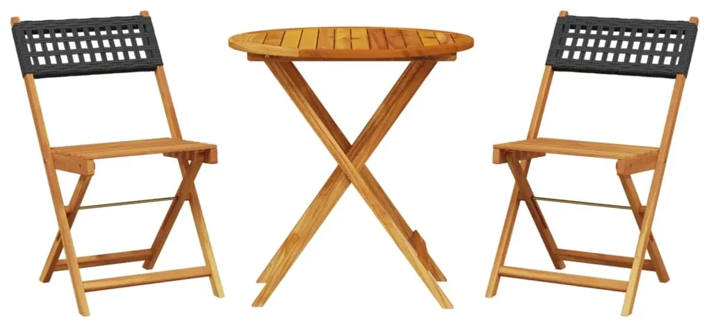Set da bistrot 3 pz nero in polyrattan e legno massello