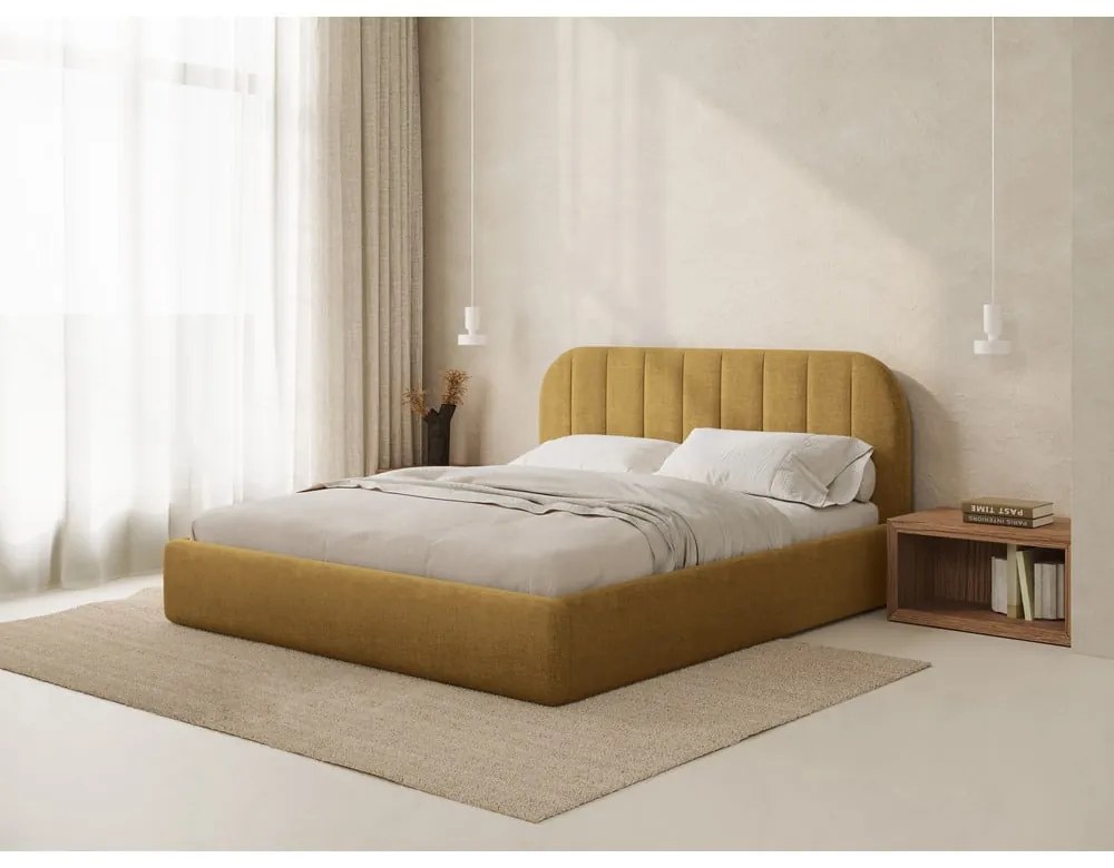 Letto matrimoniale imbottito color senape con contenitore con rete inclusa 140x200 cm Juno – Windsor &amp; Co Sofas