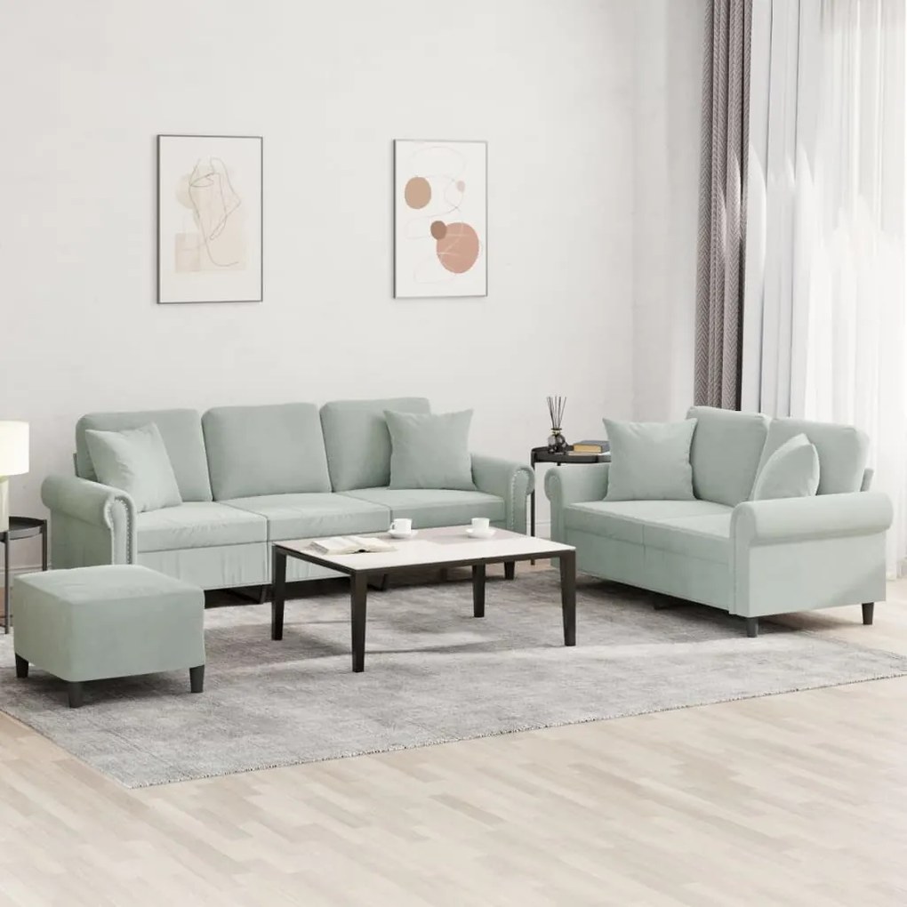 Set Di Divani 3 Pz Con Cuscini Grigio Chiaro İn Velluto /