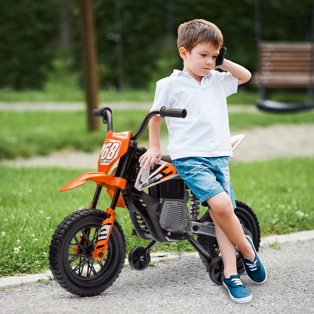 Moto Elettrica per Bambini 3-6 Anni 107x56x70 cm Batteria 12V e Rotelle Rimovibili Arancione...