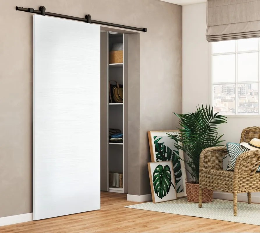 Porta scorrevole reversibile Milk in mdf bianco, L 92.5 x H 211.5 cm, con binario Loft nero