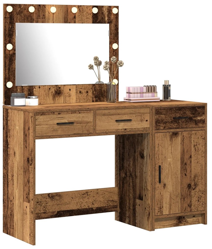 Set di tavolo da trucco 2 pezzi con led in legno vecchio e legno ingegnerizzato