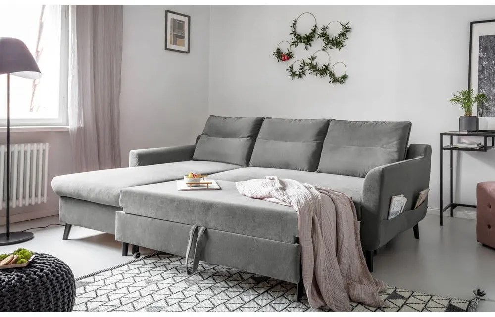 Divano letto angolare in velluto grigio chiaro, angolo sinistro Stylish Stan - Miuform