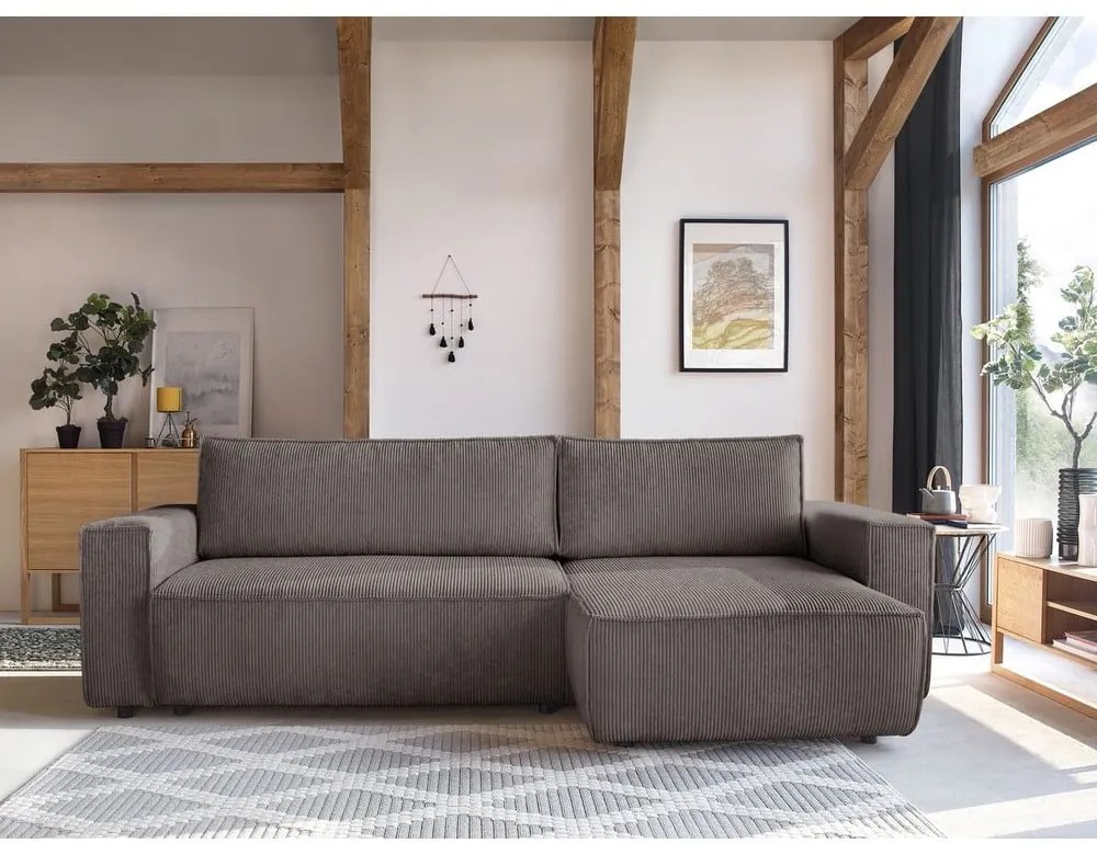 Divano angolare grigio tortora allungabile/con contenitore con rivestimento in velluto a coste Nihad – Bobochic Paris