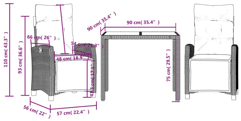 Set da Pranzo da Giardino 3 pz con Cuscini Nero in Polyrattan