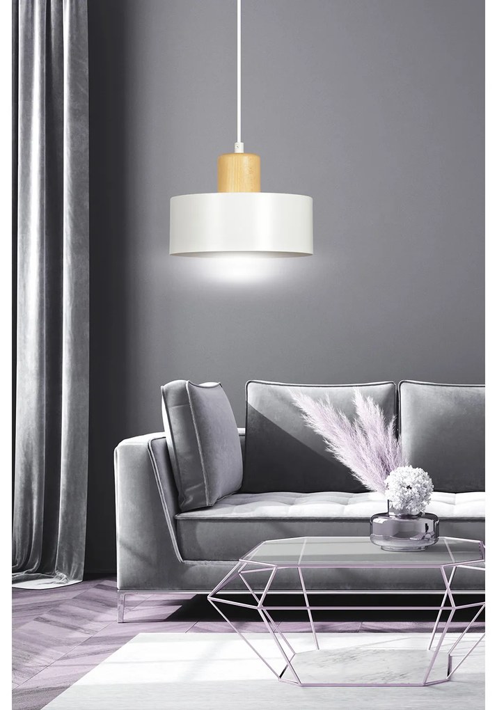 Sospensione Nordica 1 Luce Surya In Acciaio Bianco E Legno