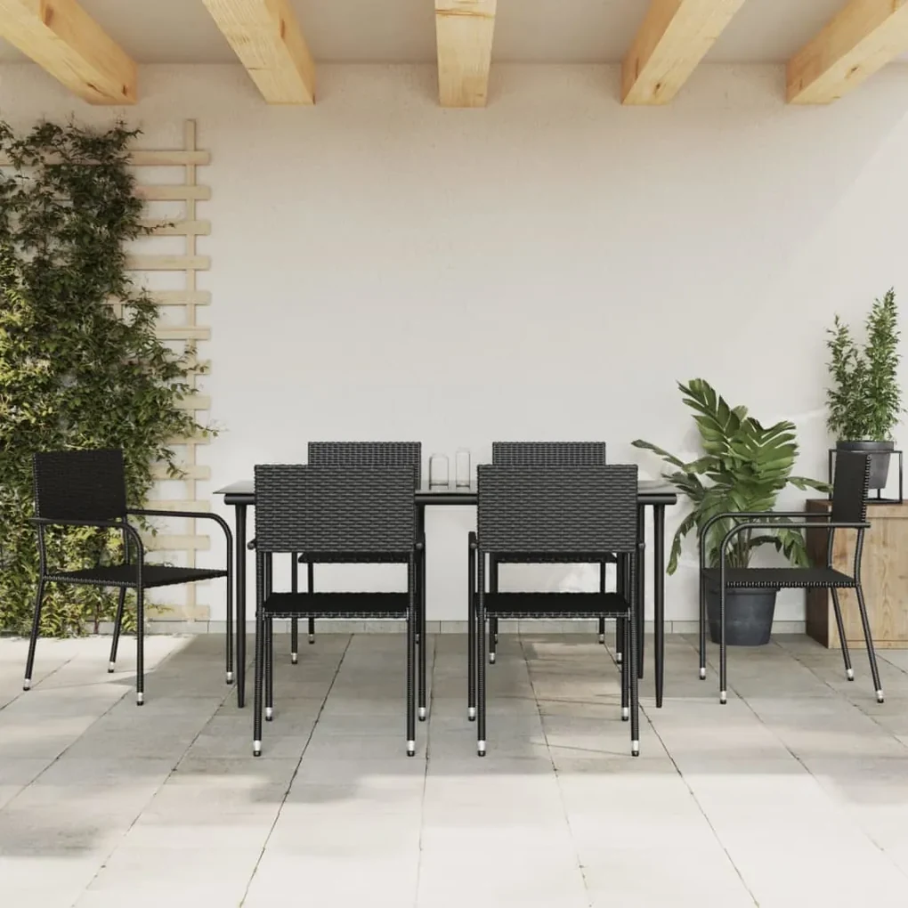 Set da pranzo da giardino 7 pz nero in polyrattan e acciaio