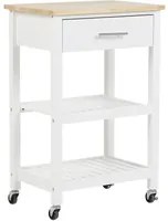 Carrello da cucina in legno di gomma bianco MDF 58 x 40 x 85 cm 3 ripiani cassetto portaposate portabottiglie ruote