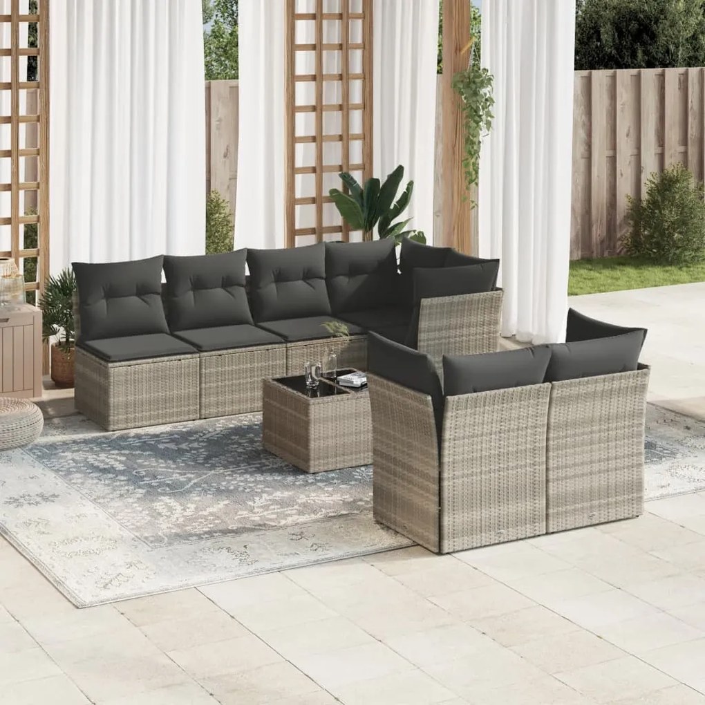 Set divano da giardino 8pz con cuscini grigio chiaro polyrattan