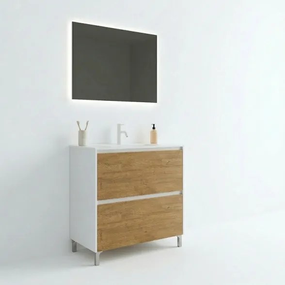 Mobile Bagno Lisbona 2 Cassetti 100 Cm Bianco Lucido Rovere Naturale