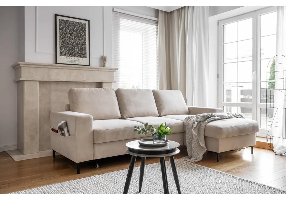 Divano letto angolare in velluto a coste beige (angolo destro) Lofty Lilly - Miuform