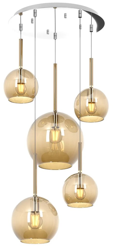 Lampadario Contemporaneo Future Metallo Cromo Vetro Mix Ambra 5 Luci E27