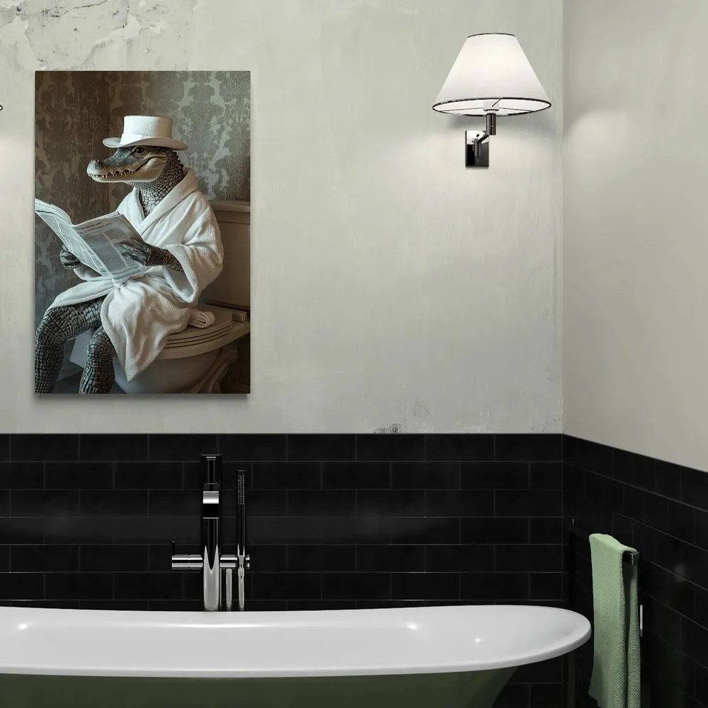 Quadro su tela – Coccodrillo con giornale in bagno