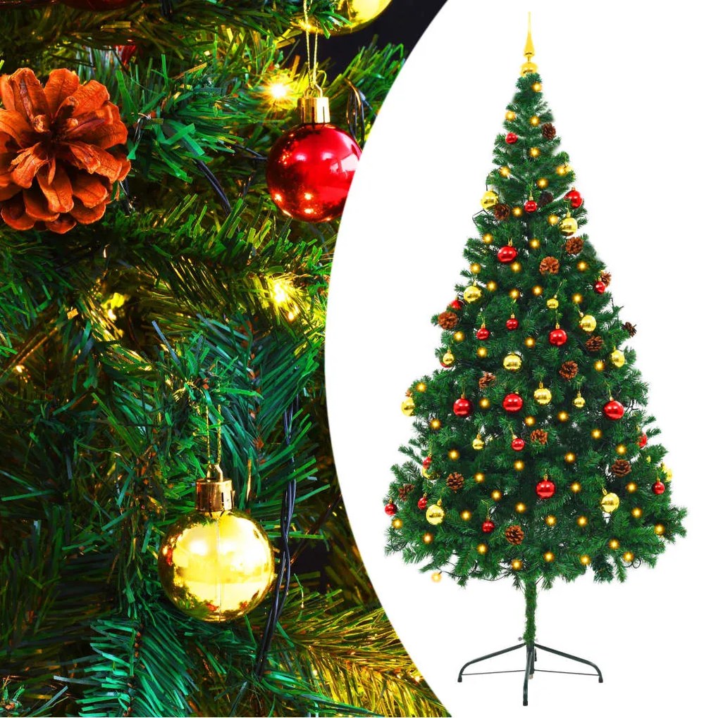 Albero di Natale Preilluminato con Palline Verde, Albero di Natale Preilluminato con Palline Verde 210 cm